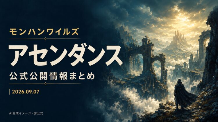 雲海と遺跡を描いたアセンダンス公式情報まとめの表紙。AI生成の非公式イメージで、実際のゲーム画面ではありません。