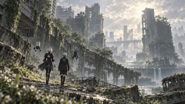 緑に覆われた廃墟都市を歩く2Bと9S。オートマタの世界をイメージした非公式のAI生成イラスト