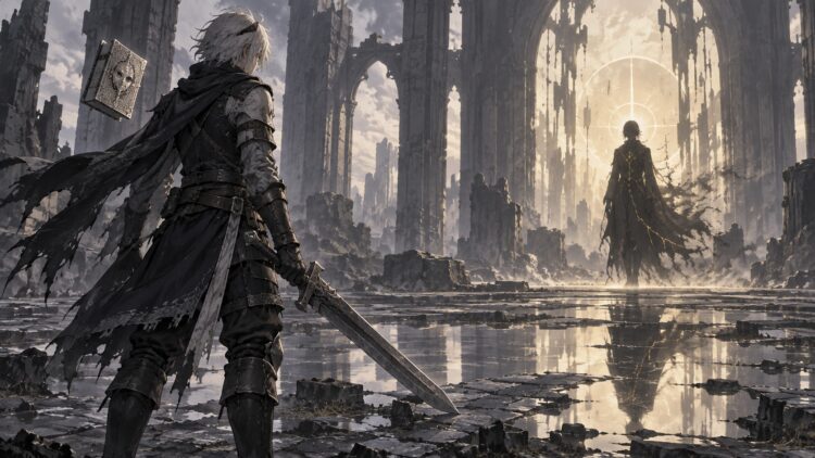 廃墟の広間で向かい合う白髪の剣士と影。ニーアと魔王の関係を描いた非公式のAI生成イラスト