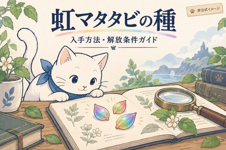 虹マタタビの種の入手方法ガイド。白猫と虹色の種を描いた非公式のAI生成イメージ